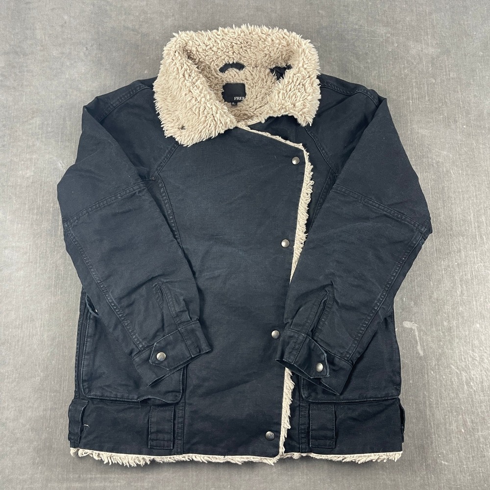 Wilfred Free Women M Black Canvas Jacket Faux-Shearling Lined Asymmetrical 6248